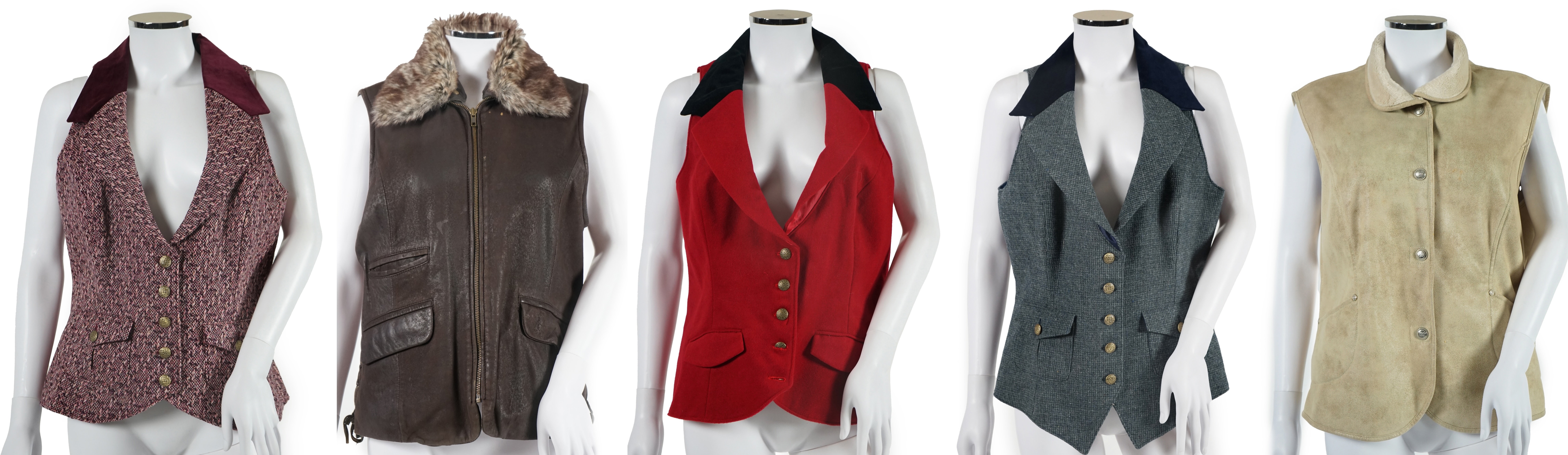 Five lady's waistcoats. Approx size 14-16 Proceeds to Happy Paws Puppy Rescue